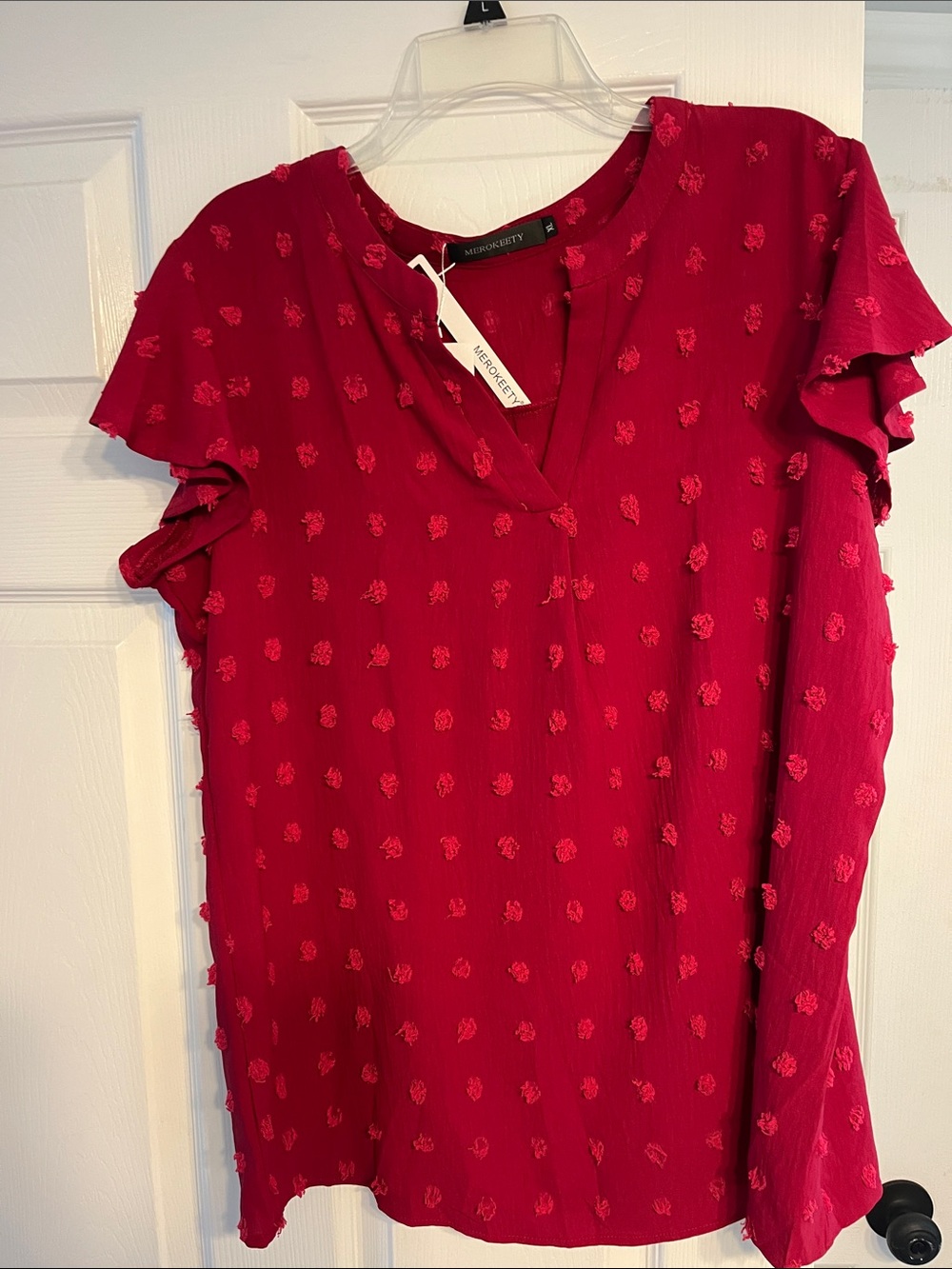 Merokeety Raspberry Red Flutter Sleeve V-Neck Blouse